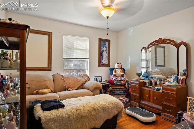 bedroom with ceiling fan and wood-type flooring