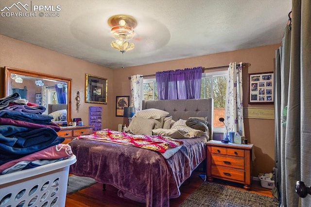 bedroom featuring ceiling fan and dark hardwood / wood-style flooring