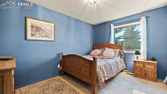 carpeted bedroom with a textured ceiling