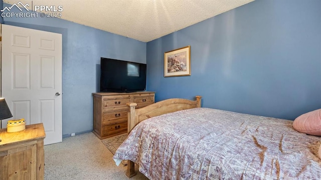 bedroom featuring light colored carpet and a textured ceiling