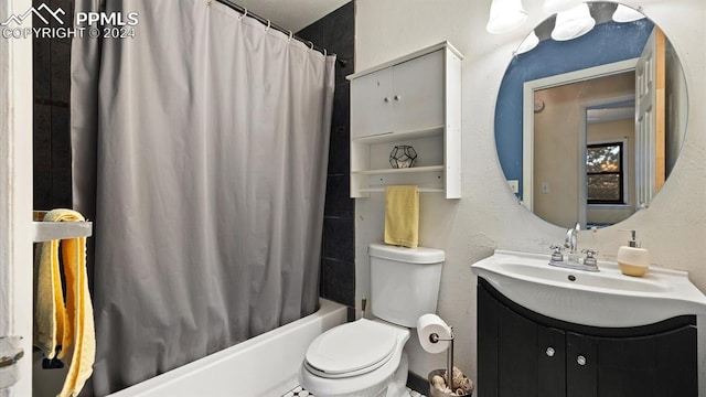 full bathroom with vanity, toilet, and shower / bathtub combination with curtain