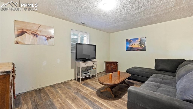 living room with hardwood / wood-style flooring and a textured ceiling