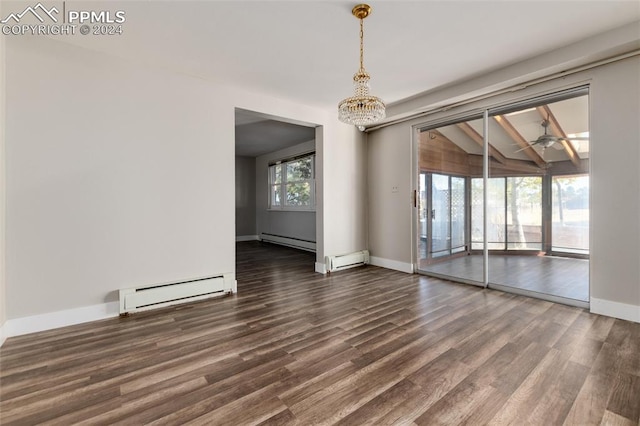 unfurnished room featuring dark wood-type flooring, lofted ceiling, a chandelier, and baseboard heating