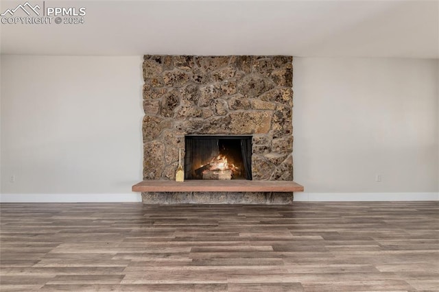 room details with hardwood / wood-style floors and a stone fireplace