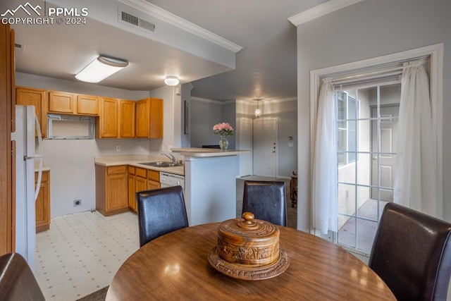 dining space featuring a healthy amount of sunlight, sink, and crown molding