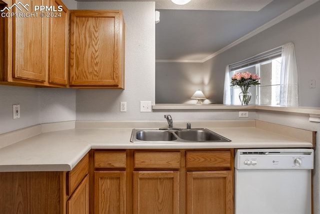 kitchen featuring ornamental molding, sink, and white dishwasher