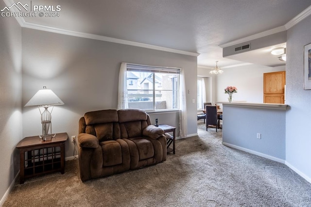 living area featuring carpet floors, a chandelier, and crown molding