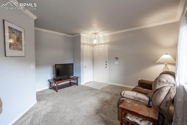 living room with ornamental molding and carpet