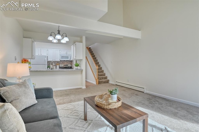 living room featuring sink, beamed ceiling, a notable chandelier, a baseboard heating unit, and light carpet