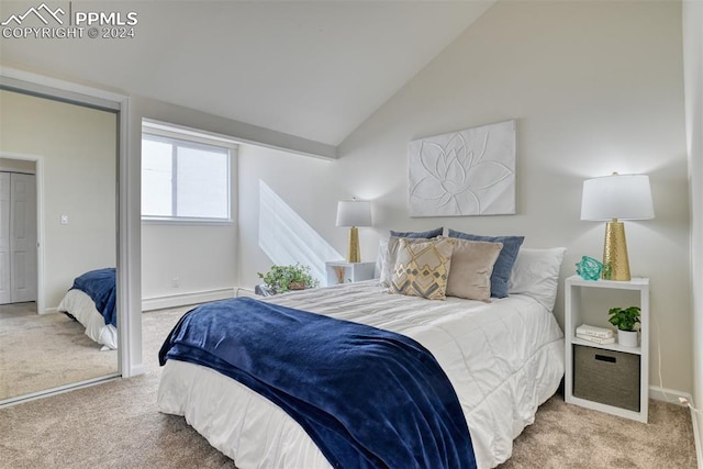 carpeted bedroom featuring a closet, high vaulted ceiling, and baseboard heating