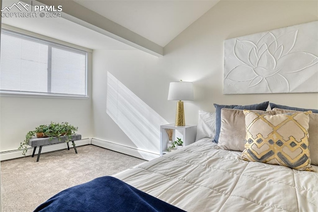 carpeted bedroom featuring vaulted ceiling and baseboard heating