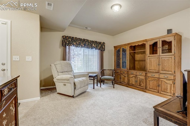 living area with light colored carpet