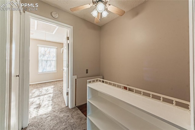 hallway with carpet flooring and a textured ceiling