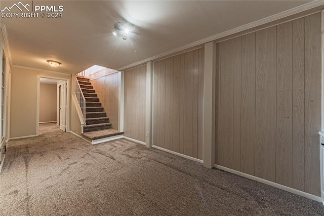 basement featuring carpet floors and ornamental molding