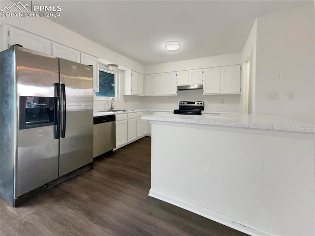 kitchen featuring white cabinetry, appliances with stainless steel finishes, sink, dark wood-type flooring, and kitchen peninsula