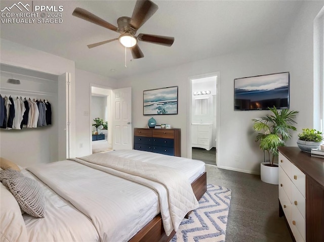 bedroom with ensuite bath, ceiling fan, and a closet