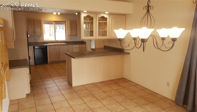 kitchen featuring a notable chandelier, dishwasher, light tile patterned floors, and kitchen peninsula