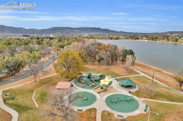 aerial view with a water and mountain view