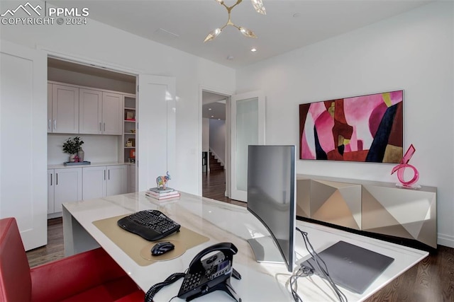 home office with a notable chandelier, wood finished floors, and recessed lighting