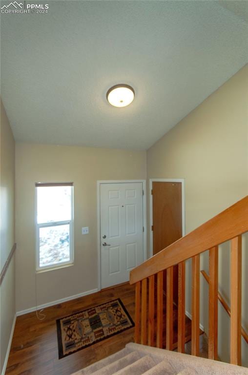 entryway with wood-type flooring and vaulted ceiling