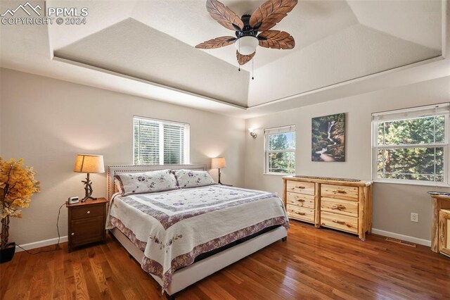 bedroom featuring dark wood-type flooring, ceiling fan, multiple windows, and a tray ceiling