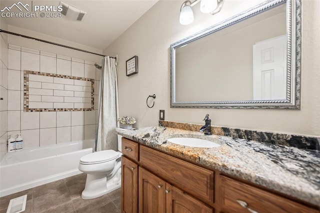 full bathroom with shower / tub combo with curtain, vanity, toilet, and tile patterned flooring