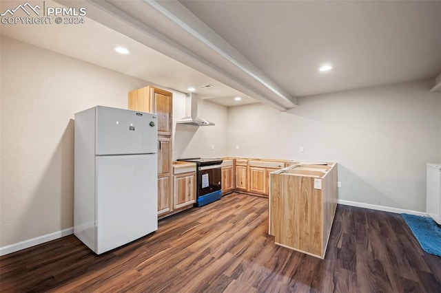 kitchen featuring black electric range, light brown cabinetry, wall chimney exhaust hood, and white fridge