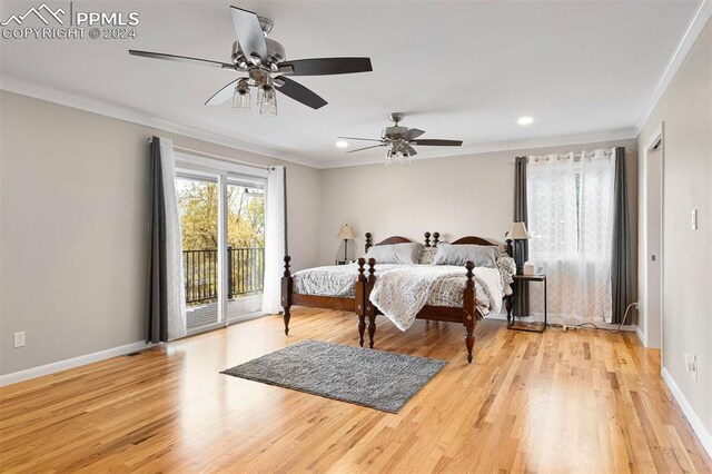 bedroom featuring light wood-type flooring, ceiling fan, access to exterior, and ornamental molding