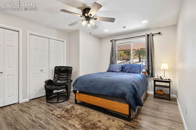 bedroom featuring hardwood / wood-style floors, two closets, and ceiling fan