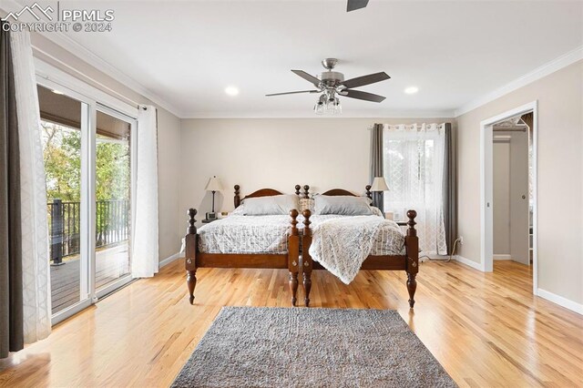 bedroom with ornamental molding, access to outside, hardwood / wood-style flooring, and ceiling fan