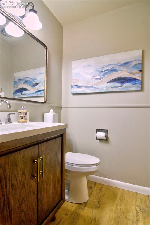 bathroom featuring wood-type flooring, toilet, and vanity