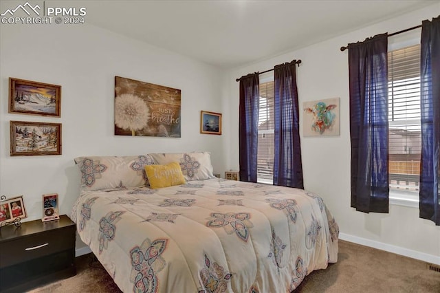 bedroom with multiple windows and dark carpet