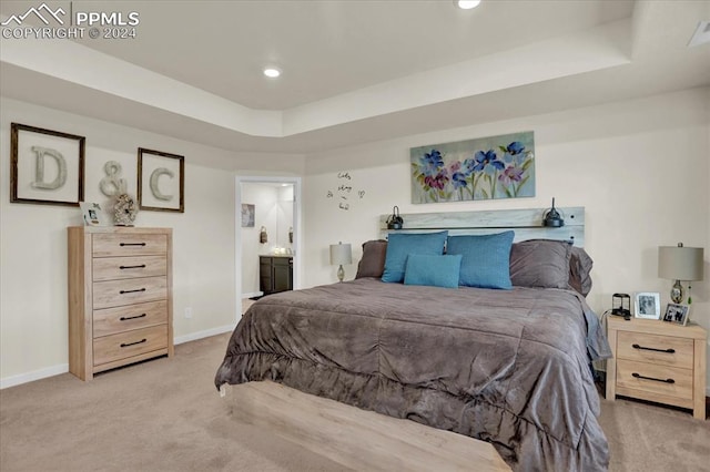 carpeted bedroom featuring ensuite bathroom and a tray ceiling