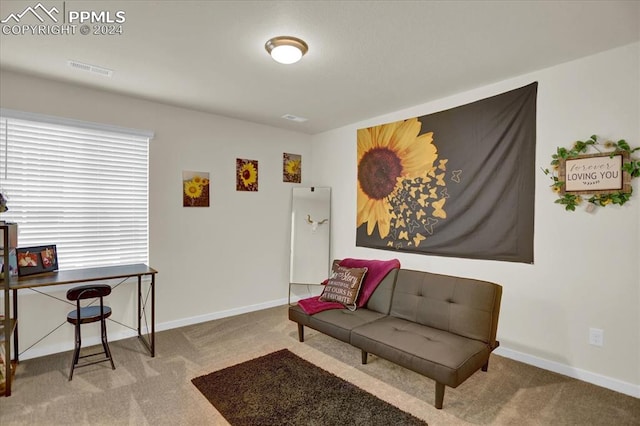 sitting room featuring light colored carpet