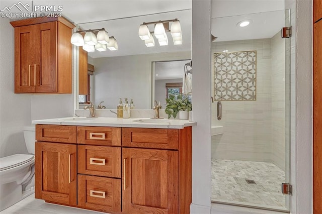 bathroom featuring toilet, an enclosed shower, and vanity