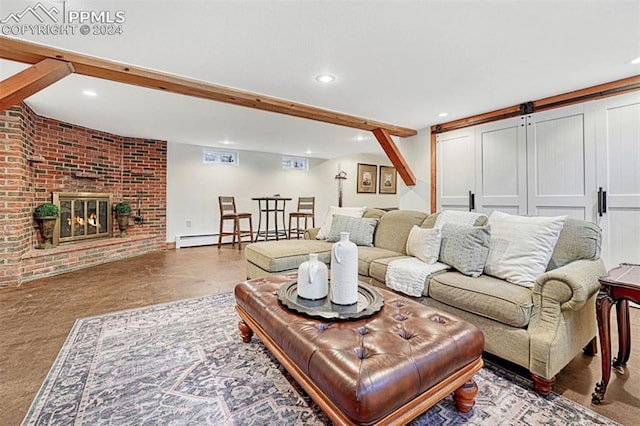 living room with beam ceiling, a fireplace, and a baseboard radiator