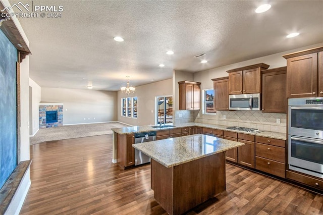 kitchen with kitchen peninsula, stainless steel appliances, dark hardwood / wood-style floors, and sink