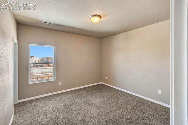 empty room with a textured ceiling and carpet floors