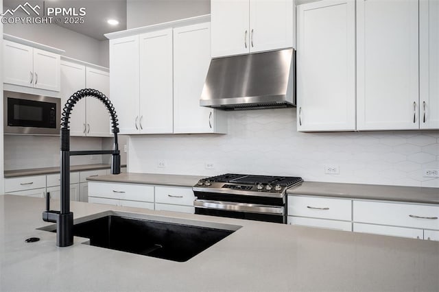 kitchen with stainless steel range, built in microwave, sink, exhaust hood, and white cabinetry