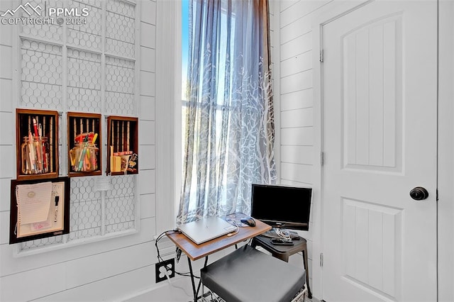 home office featuring a wealth of natural light and wooden walls