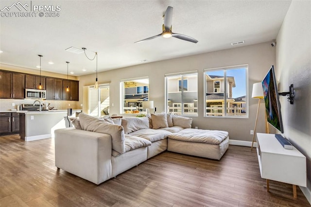 living room featuring ceiling fan, sink, and dark wood-type flooring