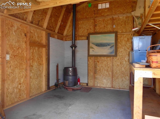 basement with a wood stove