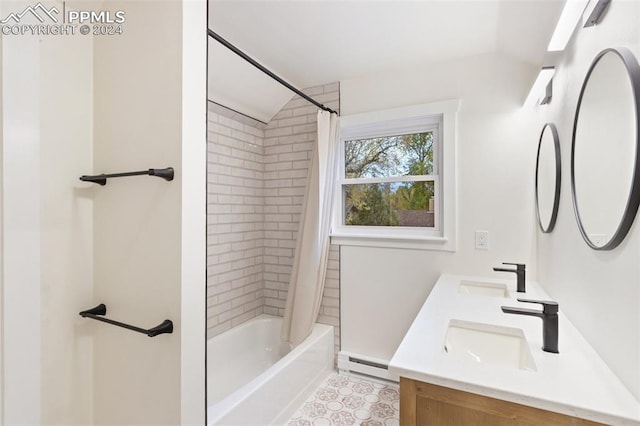 bathroom featuring vanity, shower / bath combo with shower curtain, lofted ceiling, and a baseboard radiator