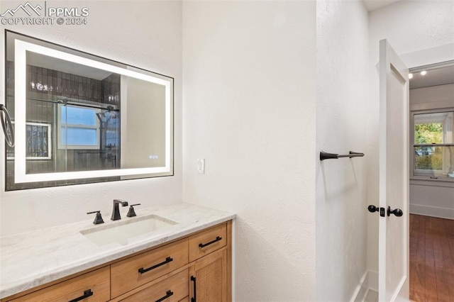 bathroom featuring vanity and wood-type flooring