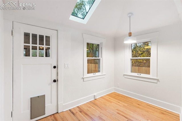 entryway featuring wood-type flooring and a skylight