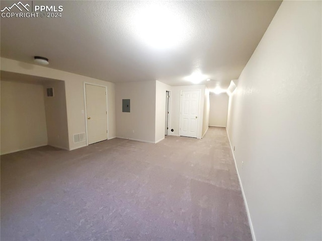 additional living space featuring a textured ceiling, electric panel, and light colored carpet