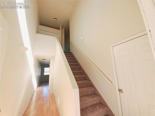 stairs with hardwood / wood-style flooring