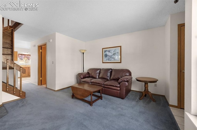 carpeted living room featuring a textured ceiling