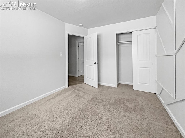 unfurnished bedroom with a closet and carpet floors