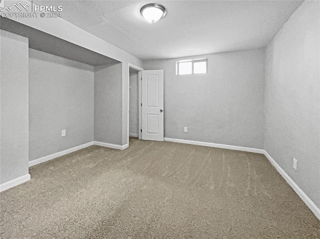 basement with a textured ceiling and carpet floors